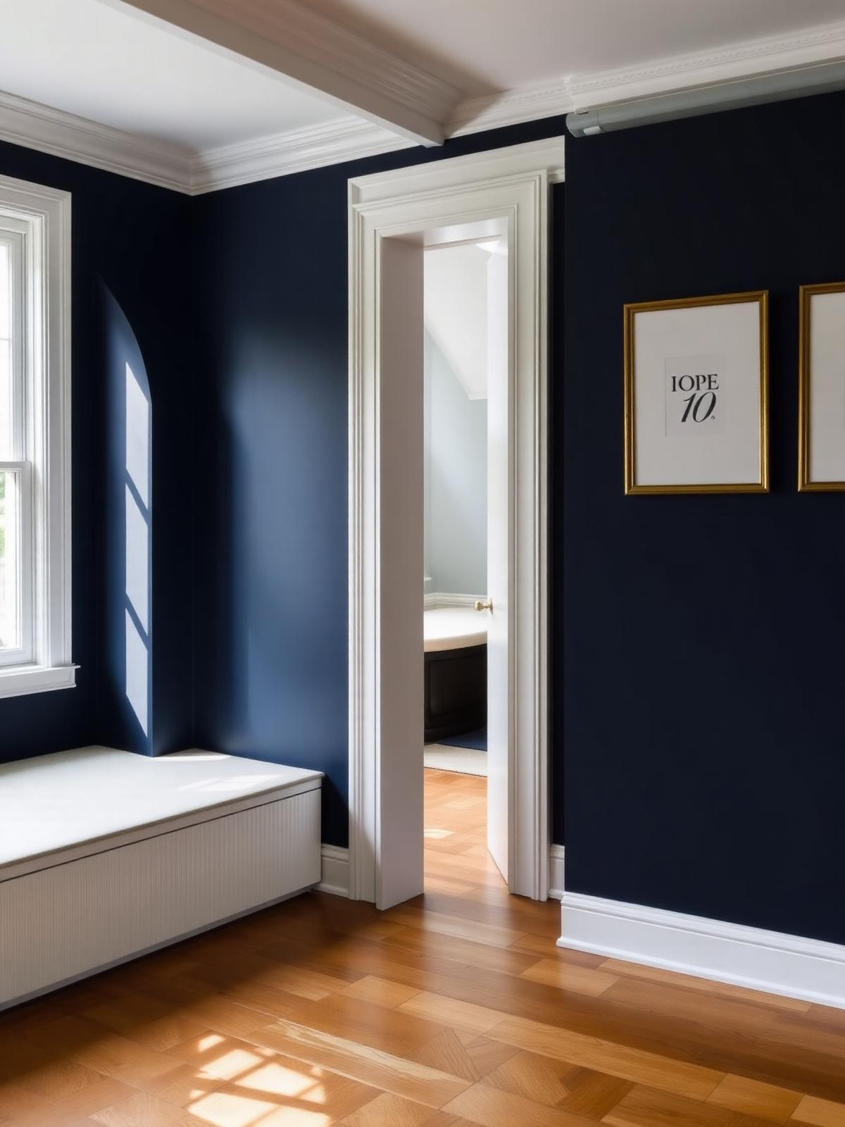 Freshly painted deep navy accent wall meeting crisp white trim in a premium New Jersey home