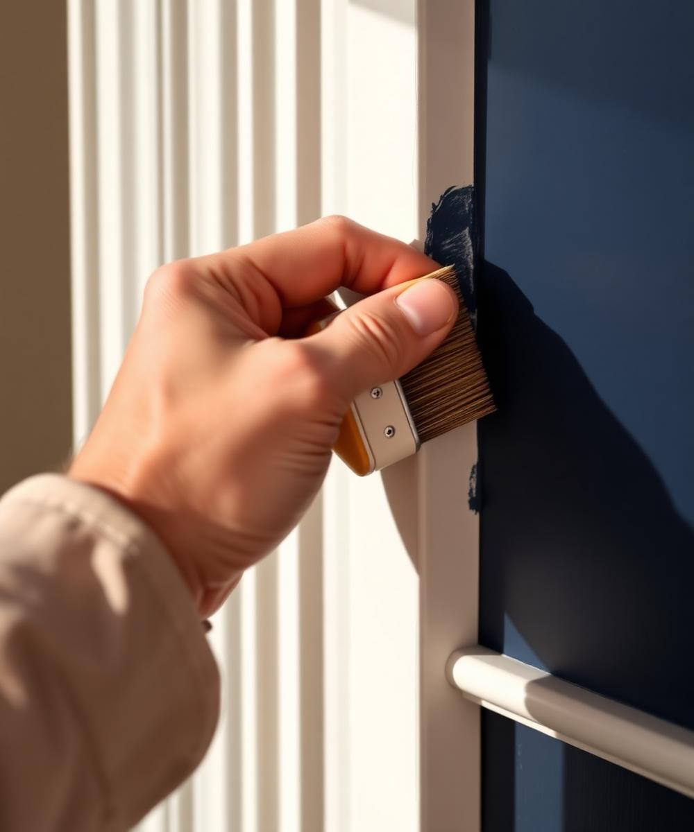 Painter cutting a crisp line of navy paint along white trim