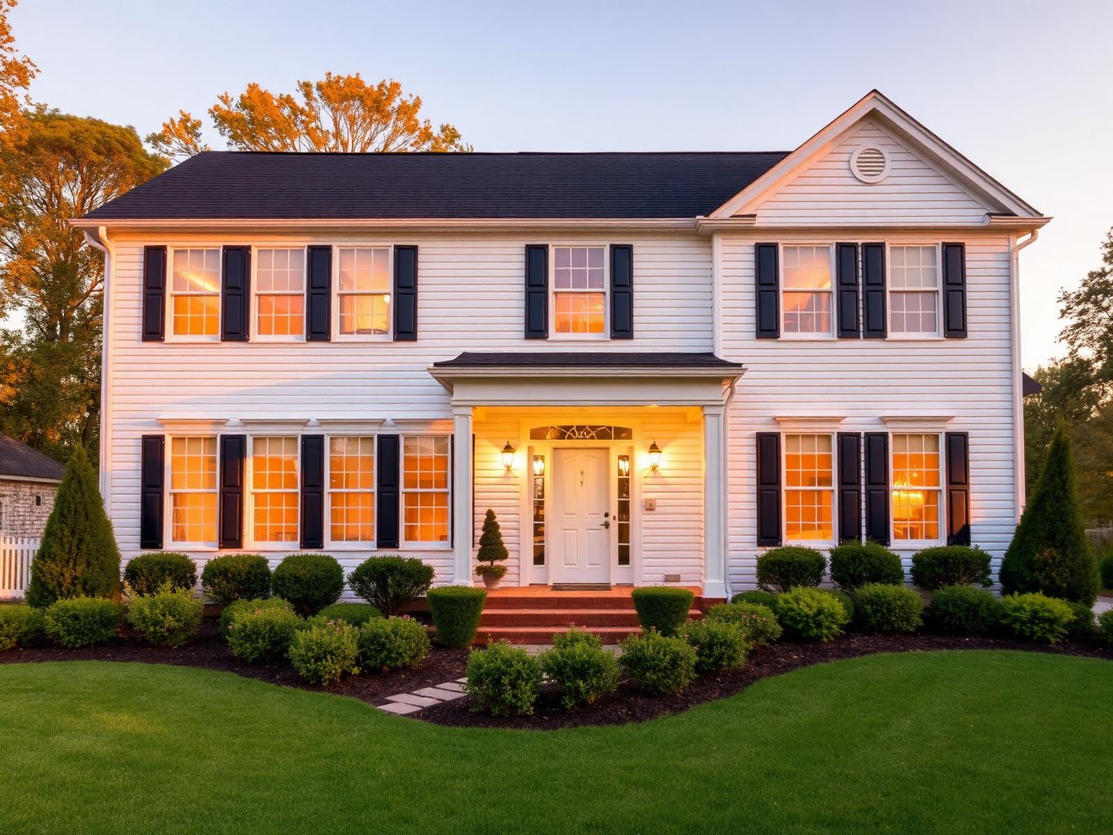 Freshly painted colonial home exterior with crisp white siding and navy shutters