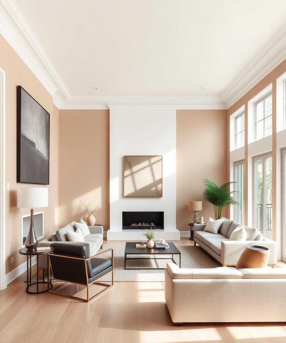 Bright modern living room with warm neutral walls after interior repaint